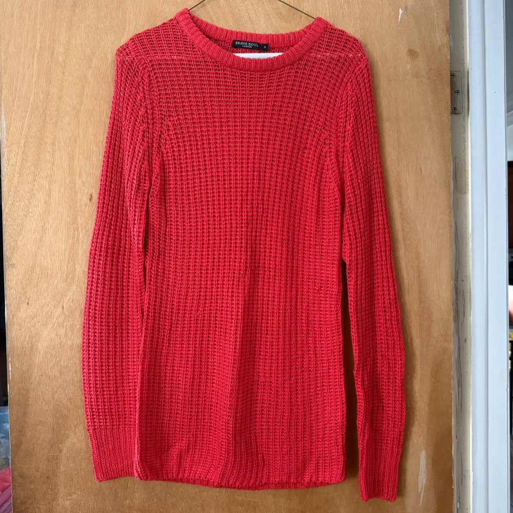 Brave Soul London Red Orange Waffle Knit Sweater Crew Neck Long Sleeve Small